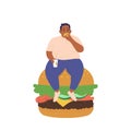 Fat man cartoon character sitting on huge burger eating unhealthy fast food drinking soda beverage Royalty Free Stock Photo