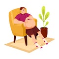 Fat Man Character with Full Body and Obesity Sitting on Armchair Vector Illustration