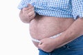 A fat man check out his body fat with measuring tape:Selective focus. Overweight and obesity concept Royalty Free Stock Photo