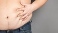 Fat man, checking his weight, on a gray background Royalty Free Stock Photo