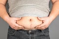 Fat man, checking his weight, on a gray background Royalty Free Stock Photo