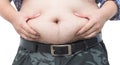 Fat man checking out his weight isolated Royalty Free Stock Photo