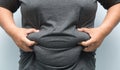 Fat man checking out his weight isolated on white background Royalty Free Stock Photo