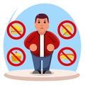 Fat man diet character health refusal junk food flat cartoon design vector illustration