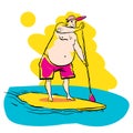 Fat man doing Stand Up Paddling on Paddle Board on Water at Seaside.