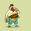 Fat Man Eat Burger Sandwich Soda Soft Drink Junk Unhealthy Fast Food Concept Royalty Free Stock Photo