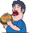 Fat man eating burger