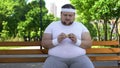 Fat man eating burger in park, addiction to junk food, unhealthy lifestyle Royalty Free Stock Photo