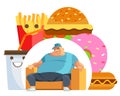 Fat man eating fast food hamburger. Breakfast for overweight person. Junk meal leads to obesity. Person regularly