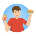Fat man eating fast food. Unhealthy nutrition concept.
