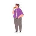 Fat Man Eating Hamburger, Obese Person Enjoying of Fast Food Dish, Unhealthy Diet and Lifestyle Vector Illustration