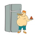 Fat man eating next to fridge