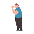 Fat Man Eating Pizza, Side View of Obese Person Enjoying of Fast Food Dish, Unhealthy Diet and Lifestyle Vector