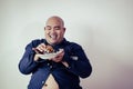 Fat man eating, portrait of overweight person feels hungry and e