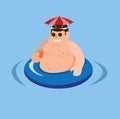Fat man enjoy in water pool wear umbrella hat and eyeglasess in cartoon flat illustration vector Royalty Free Stock Photo