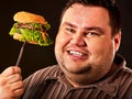 Fat man face eats burger on fork Royalty Free Stock Photo