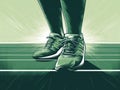 Fat man foot on exercising on a running track green illustration style.