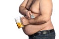 Fat man holding beer, chips and tv remote Royalty Free Stock Photo