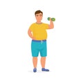 Fat man holding dumbbell to lift up, sports workout for weight loss and muscle training Royalty Free Stock Photo