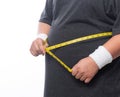 Fat man holding a measurement tape for check out his body isolated on white background. Royalty Free Stock Photo