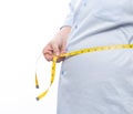 Fat man holding a measurement tape for check out his body isolated on white background. Royalty Free Stock Photo