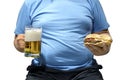 Fat man holding mug with beer and hamburger on his hand Royalty Free Stock Photo