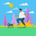 Fat man jogging with his dog, Running outdoor park with dog Royalty Free Stock Photo