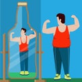 Fat man looking beer mirror reflection sportsman flat vector