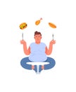 Fat man in a pose of meditation with a fork and a knife in his hands. Fat man and unhealthy food. Burger, hot dog and drumstick