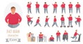 Fat man action poses set, cartoon body positive male character wearing red sweater and gray pants Royalty Free Stock Photo