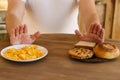 Fat man refuse to eat carbs and junk food, diet Royalty Free Stock Photo