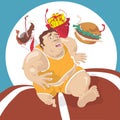 Fat man running away from fast food