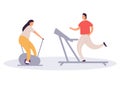 Fat man running on treadmill and fat woman on exercise bicycle. Cartoon character doing cardio training on exercise machine Royalty Free Stock Photo