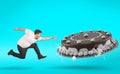 Fat man runs fast to eat a big cake Royalty Free Stock Photo