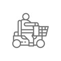 Fat man sitting in wheelchair, disabled carriage, obesity line icon.