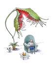 Fat man sleeps in a large blue armchair. A flower sundew tries to eat a man. Humorous illustration. Watercolor. Isolated on