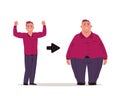 Fat man. Slim and overweight characters, before and after diet concept. Handsome athletic person eats unhealthy food and