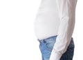 A fat man in a small, tight white shirt. Uncomfortable clothing concept, obesity. Slimming Royalty Free Stock Photo