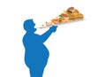 Fat man try to devour a lot of junk food in one time with lifting a tray. Royalty Free Stock Photo