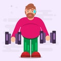 Fat man trying hard to workout vector illustration in flat style