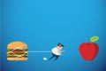 Fat man trying walk to red apple but hamburger hold him back, diet and health concept