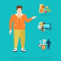 Fat man unhealthy lifestyle vector infographic: diet, sport