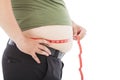 Fat man use scale to measure his waistline Royalty Free Stock Photo