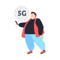 Fat man using smartphone 5G online communication fifth innovative generation of internet connection concept overweight