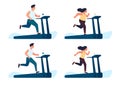 Fat man and woman running on treadmill. People training after losing weight. Gym exercises. Sport for slimming. Health