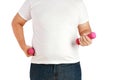 Fat men wear white shirts, carrying pink dumbbells to exercise to lose weight. Royalty Free Stock Photo