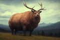 A fat moose is standing in forest. Animal obesity. Ecology. Royalty Free Stock Photo