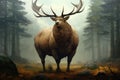 A fat moose is standing in forest. Animal obesity. Ecology. Royalty Free Stock Photo