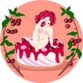 Fat naked lady sitting on a cherry cake. Vector illustration