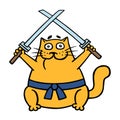 Fat ninja orange cat with two crossed swords. Vector illustration.